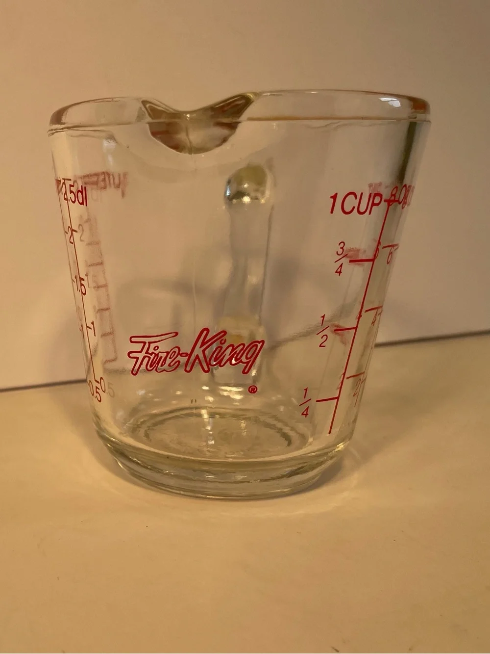 Vintage Fire-King 1 Cup Glass Measuring Cup Anchor Hocking Red Graphics USA